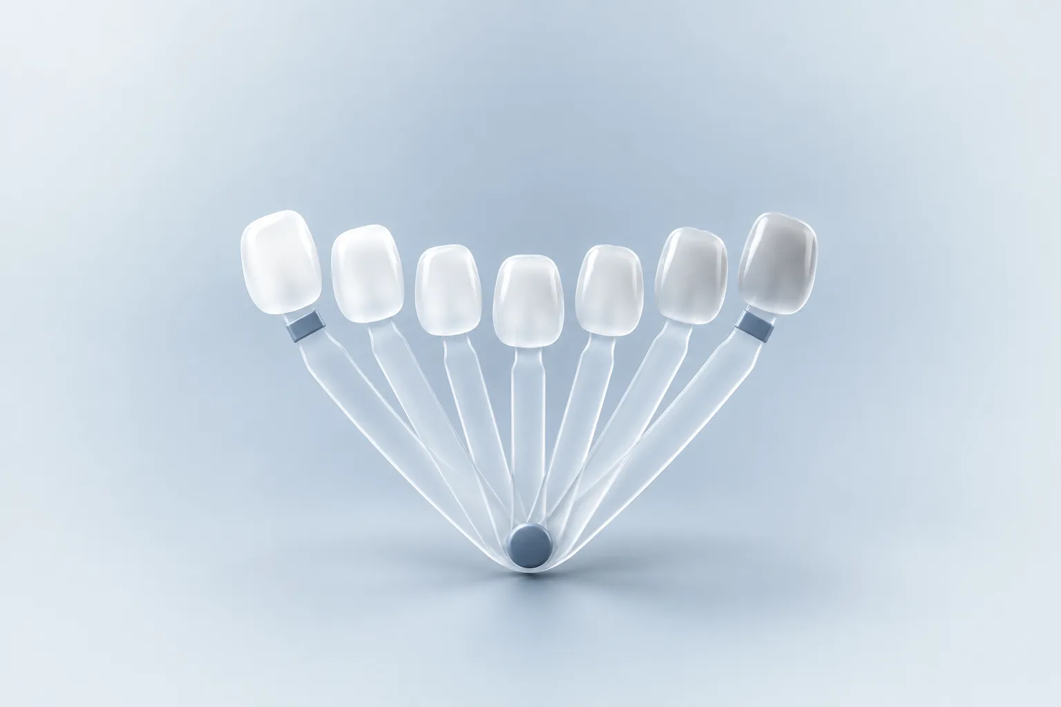 Illustrazione di una scala colori dei denti aperta a ventaglio, in vetro smerigliato