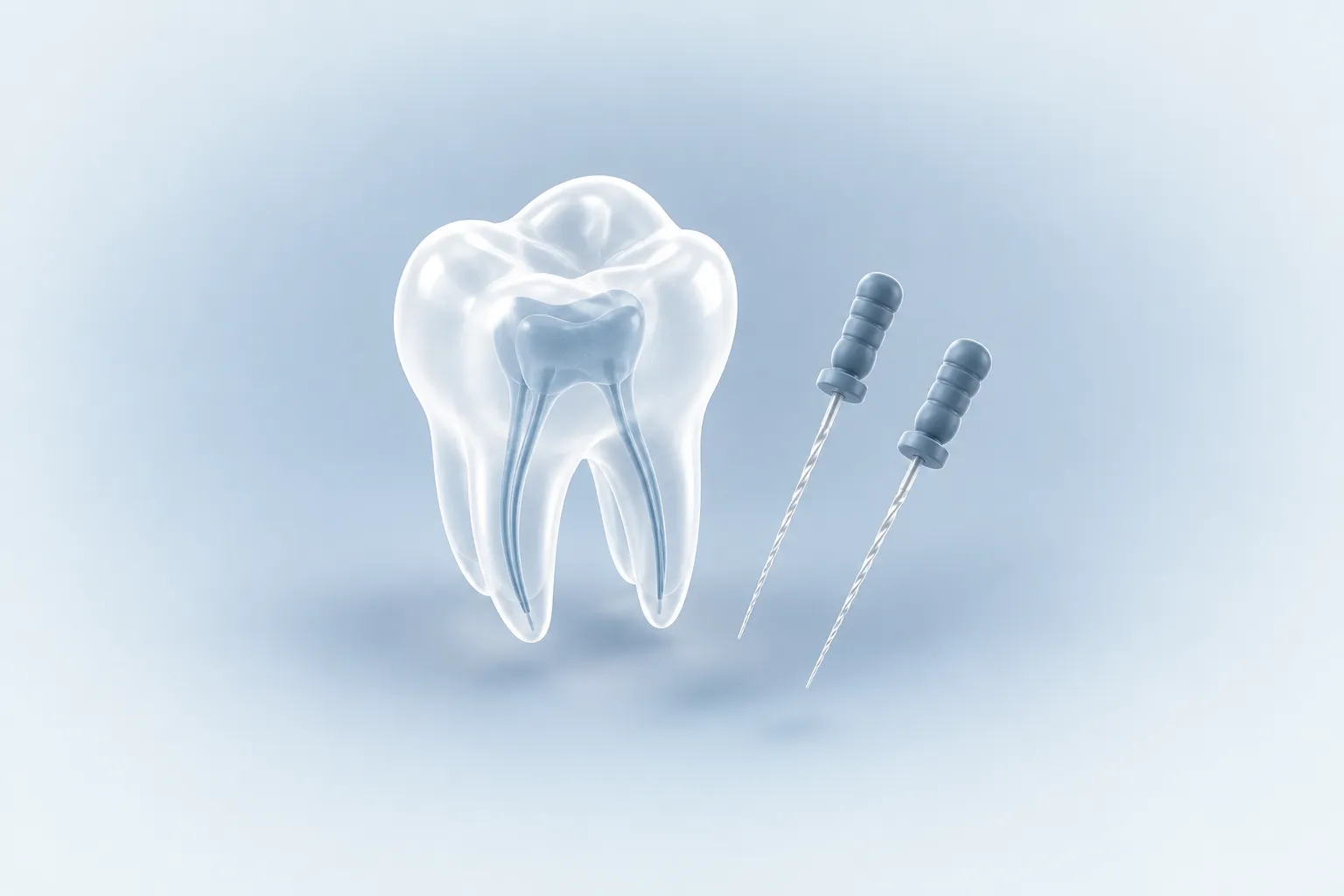 Illustrazione di un molare con i canali radicolari in vista e di due strumenti endodontici, in vetro smerigliato